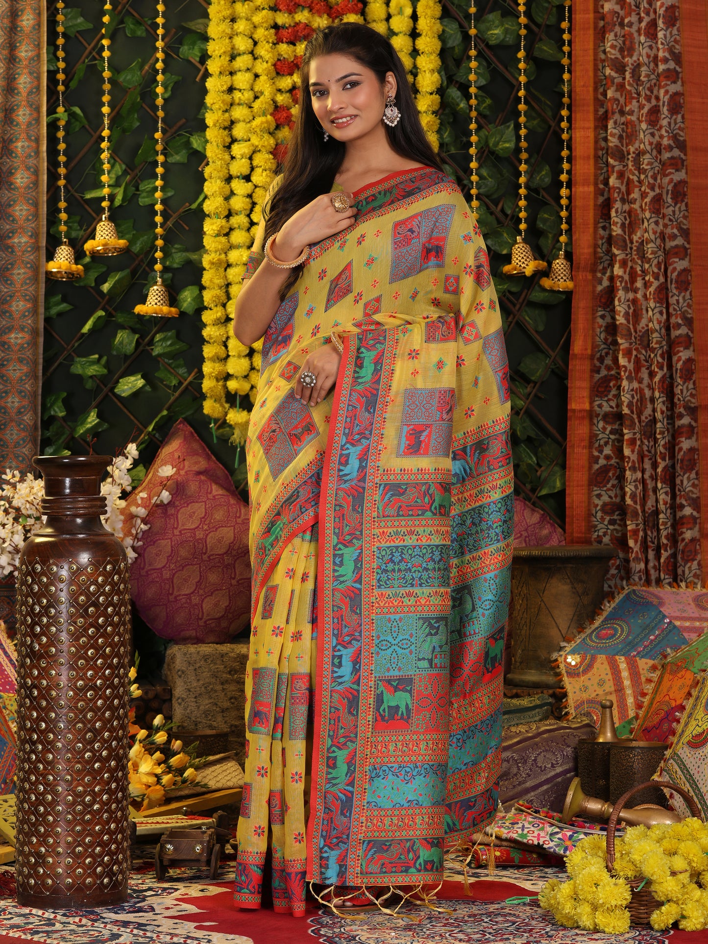 Astita Yellow Linen Cotton Saree with Multicolor Ethnic Print – Soft & Lightweight Saree for Festive, Daily, and Office Wear