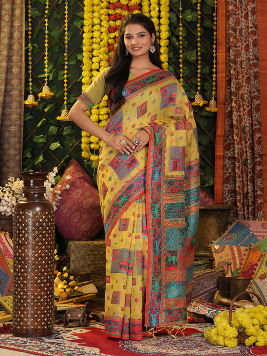 Astita Yellow Linen Cotton Saree with Multicolor Ethnic Print – Soft & Lightweight Saree for Festive, Daily, and Office Wear
