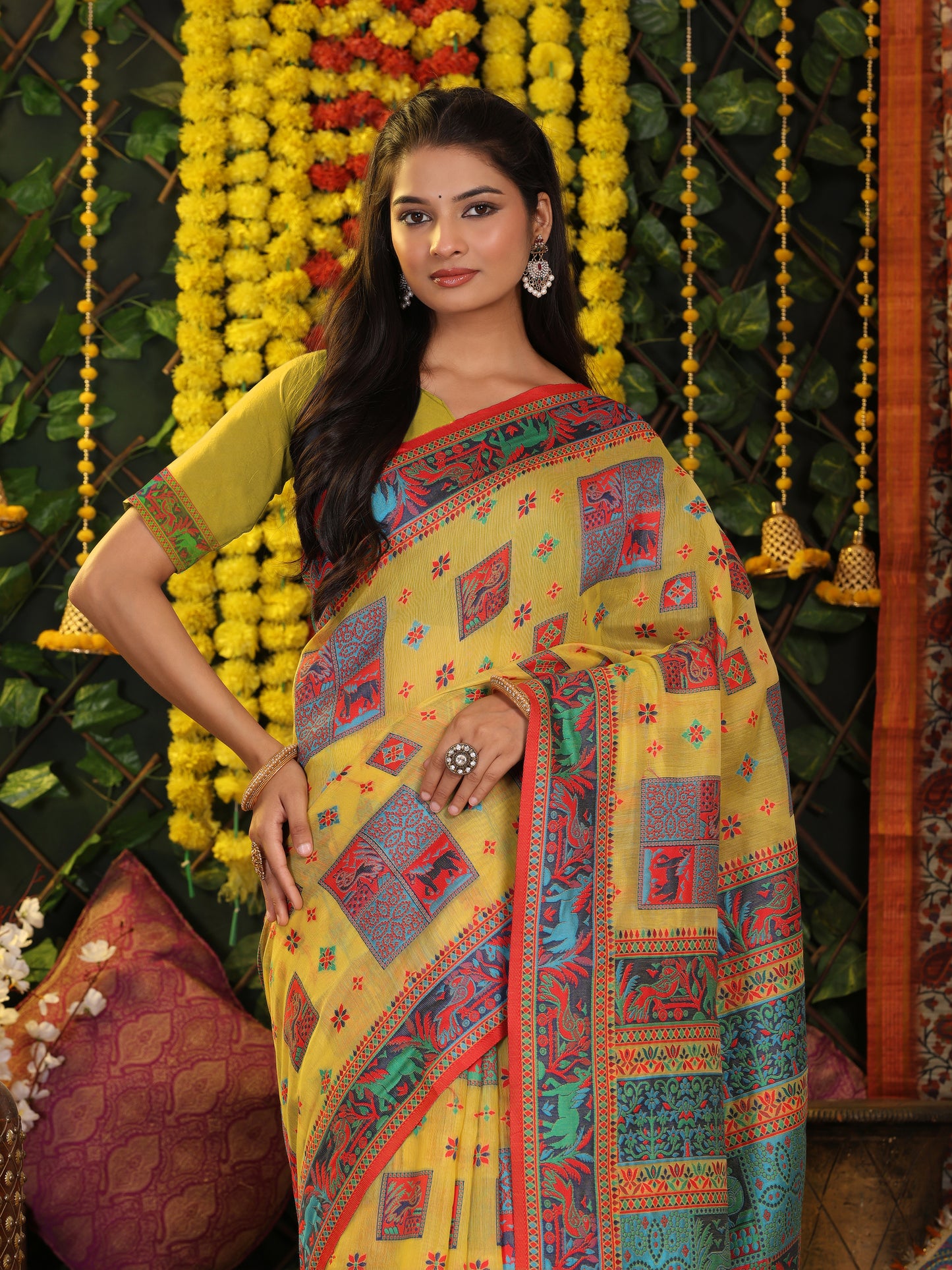 Astita Yellow Linen Cotton Saree with Multicolor Ethnic Print – Soft & Lightweight Saree for Festive, Daily, and Office Wear