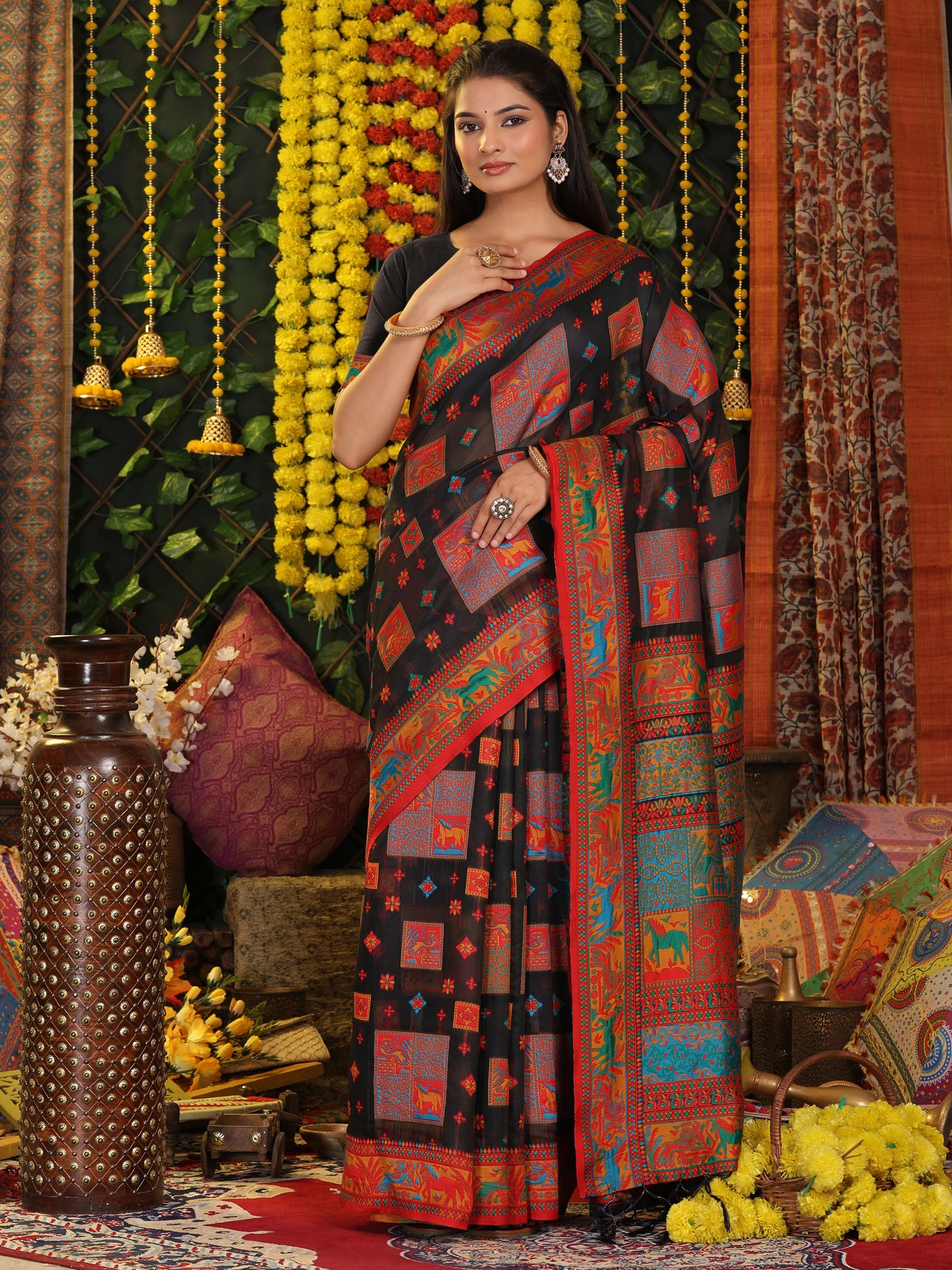 Astita Black Linen Cotton Saree with Multicolor Ethnic Print – Soft & Lightweight Saree for Festive, Daily, and Office Wear