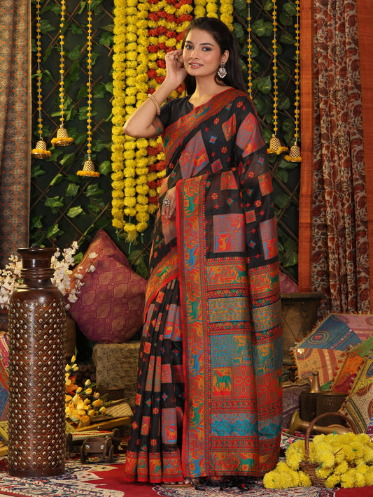 Astita Black Linen Cotton Saree with Multicolor Ethnic Print – Soft & Lightweight Saree for Festive, Daily, and Office Wear