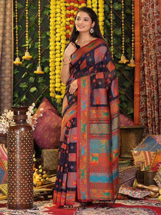 Astita Navy Blue Linen Cotton Saree with Multicolor Ethnic Print – Soft & Lightweight Saree for Festive, Daily, and Office Wear