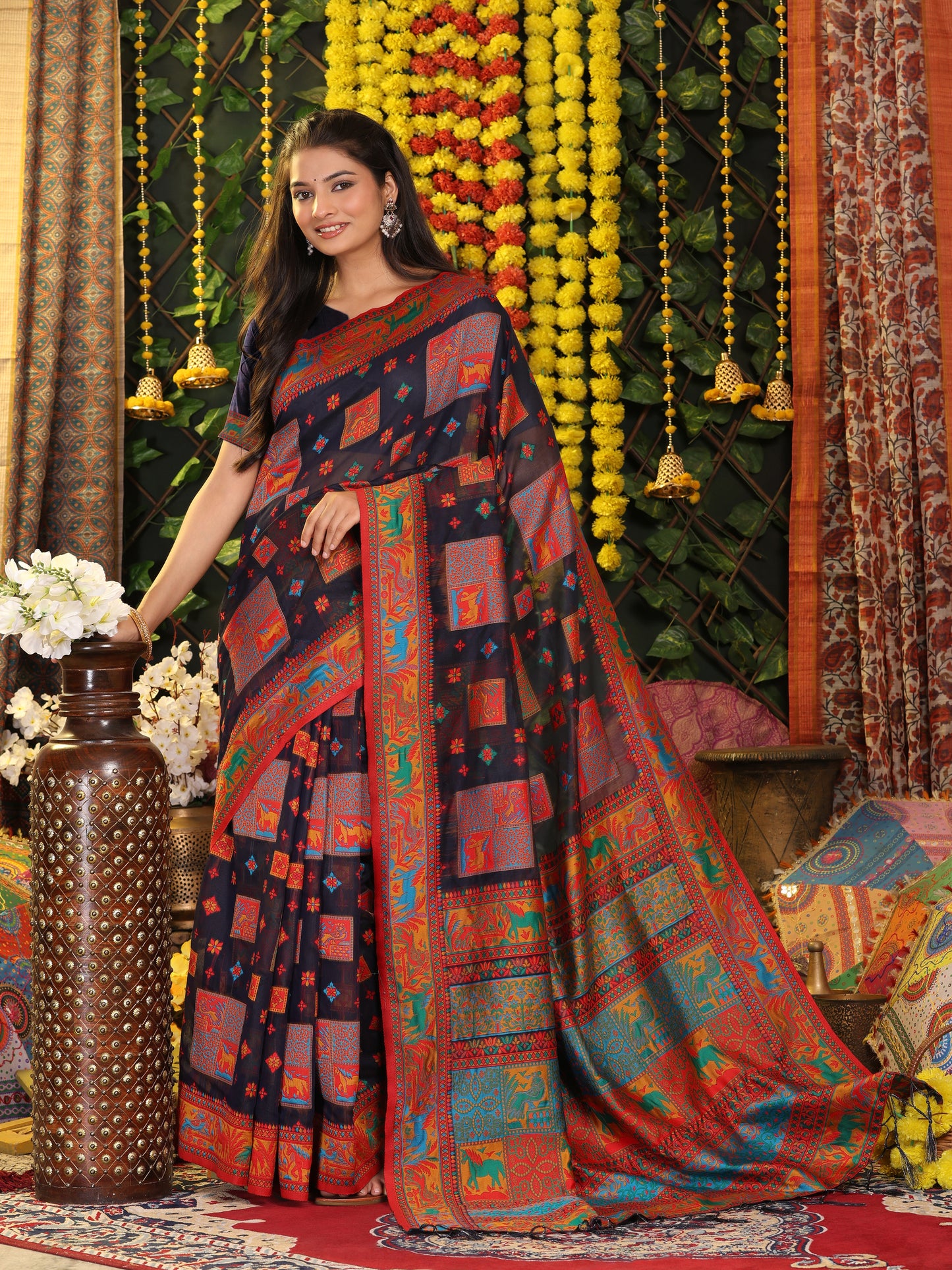 Astita Navy Blue Linen Cotton Saree with Multicolor Ethnic Print – Soft & Lightweight Saree for Festive, Daily, and Office Wear
