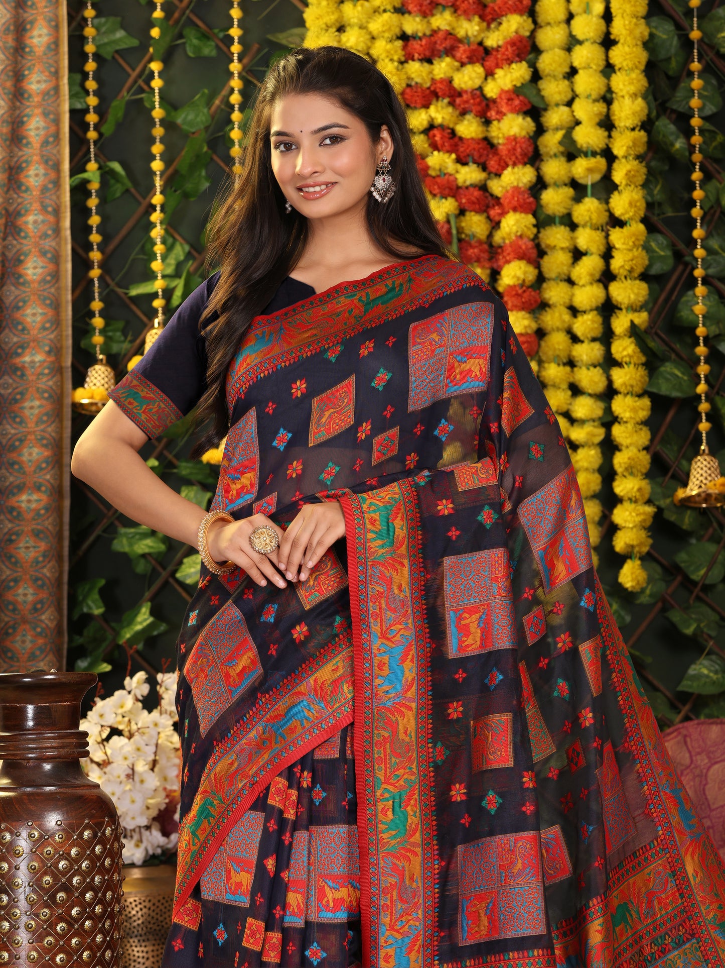 Astita Navy Blue Linen Cotton Saree with Multicolor Ethnic Print – Soft & Lightweight Saree for Festive, Daily, and Office Wear