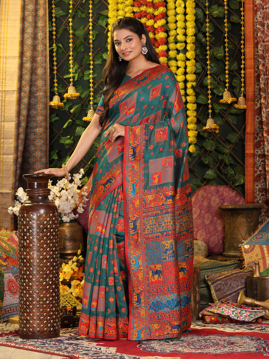 Astita Rama Green Linen Cotton Saree with Multicolor Ethnic Print – Soft & Lightweight Saree for Festive, Daily, and Office Wear