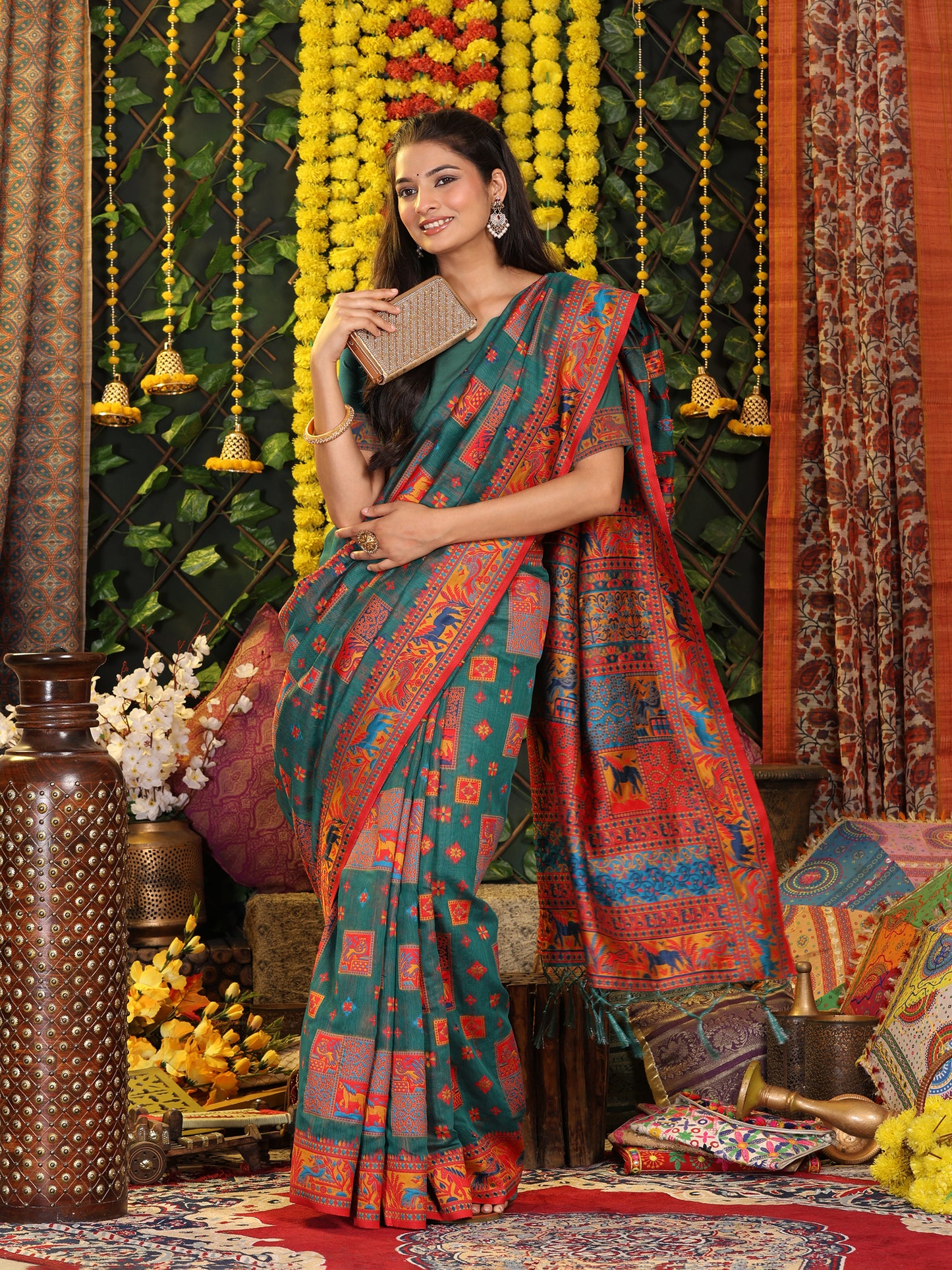 Astita Rama Green Linen Cotton Saree with Multicolor Ethnic Print – Soft & Lightweight Saree for Festive, Daily, and Office Wear