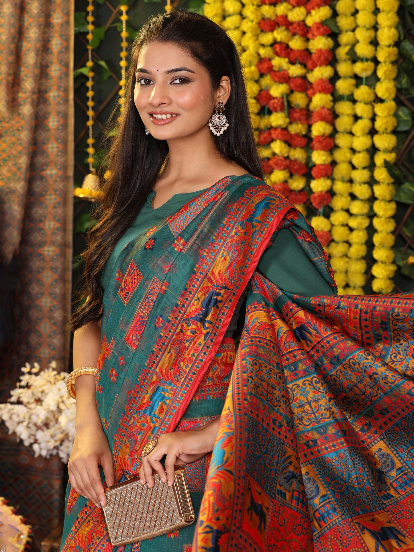 Astita Rama Green Linen Cotton Saree with Multicolor Ethnic Print – Soft & Lightweight Saree for Festive, Daily, and Office Wear