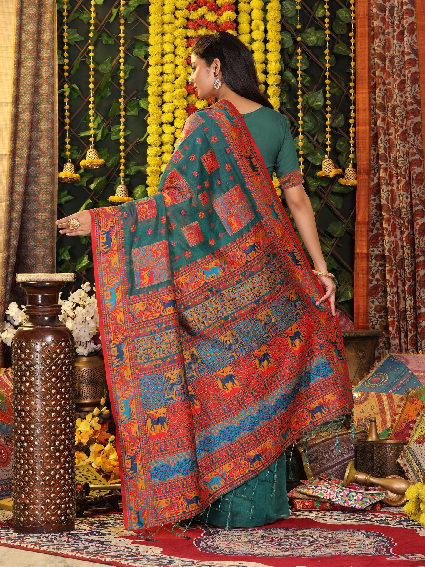 Astita Rama Green Linen Cotton Saree with Multicolor Ethnic Print – Soft & Lightweight Saree for Festive, Daily, and Office Wear