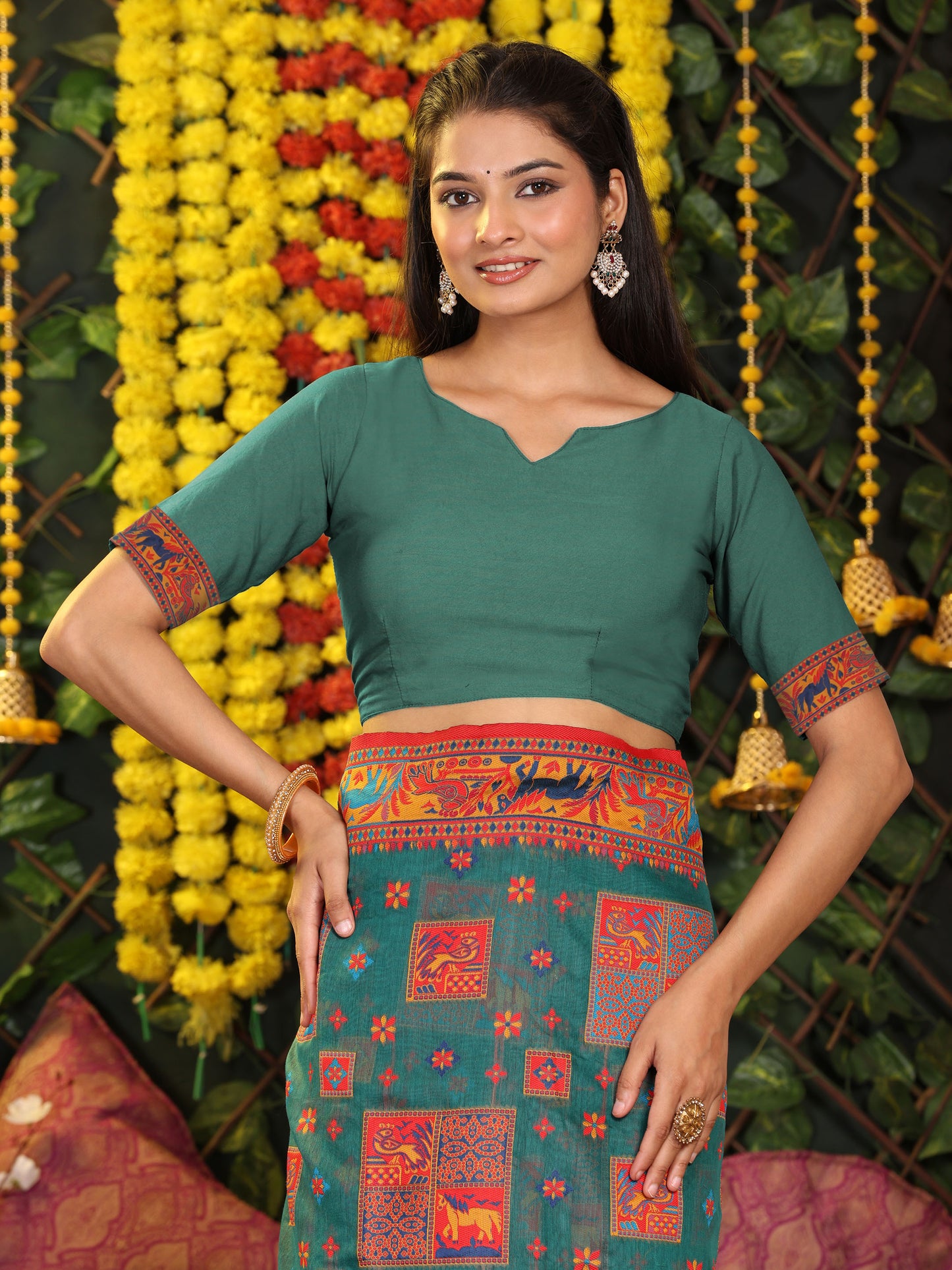 Astita Rama Green Linen Cotton Saree with Multicolor Ethnic Print – Soft & Lightweight Saree for Festive, Daily, and Office Wear
