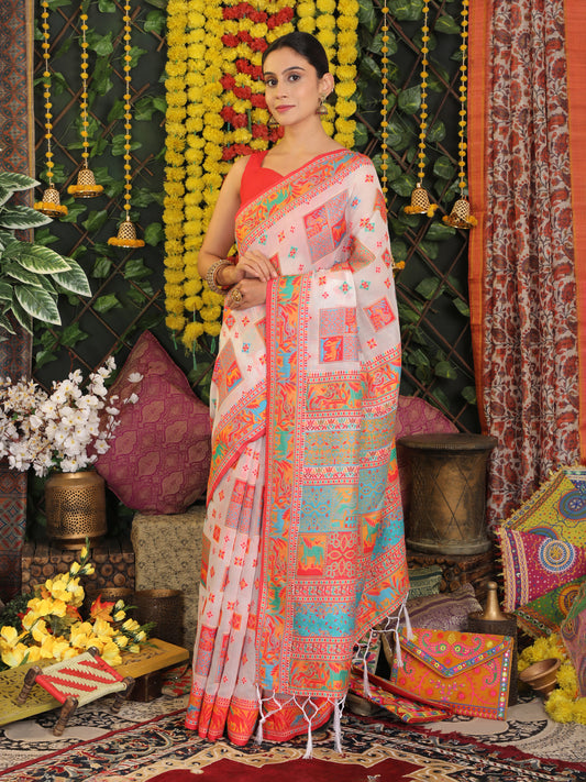 Astita White Linen Cotton Saree with Multicolor Ethnic Print – Soft & Lightweight Saree for Festive, Daily, and Office Wear