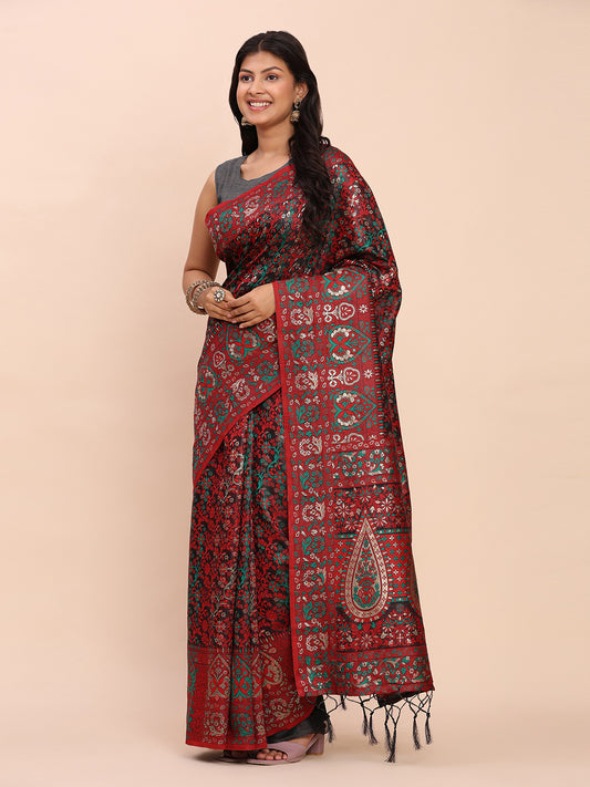 Astita Elegant Red Jacquard Linen Cotton Saree with Traditional Multicolor Weave & Tassel Pallu – Festive & Casual Wear for Women