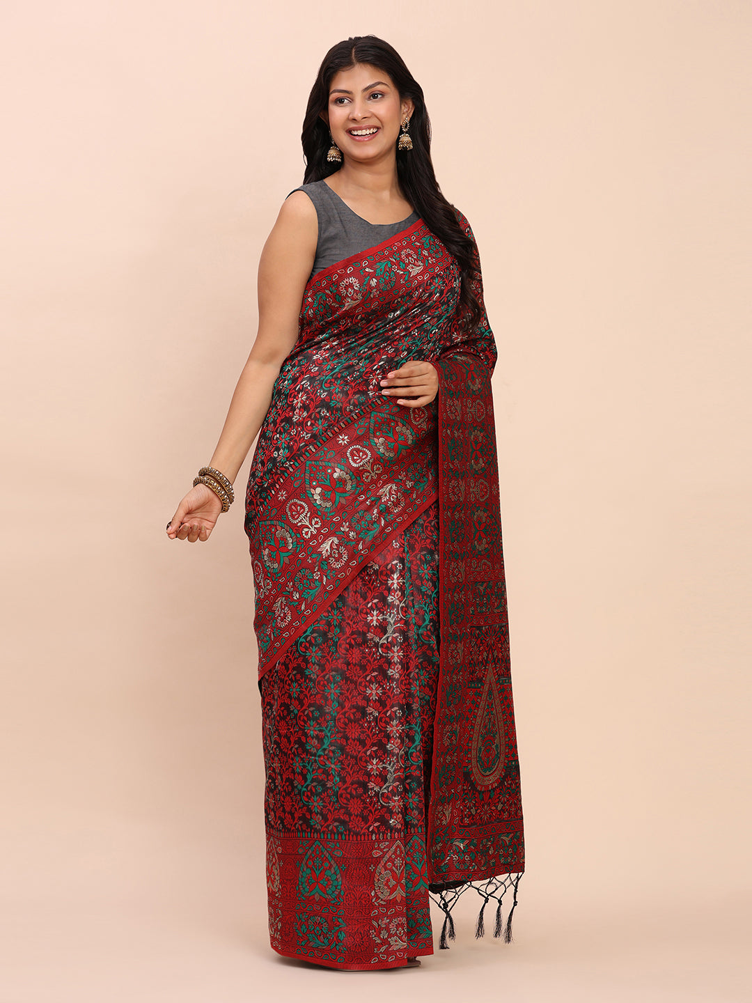Astita Elegant Red Jacquard Linen Cotton Saree with Traditional Multicolor Weave & Tassel Pallu – Festive & Casual Wear for Women