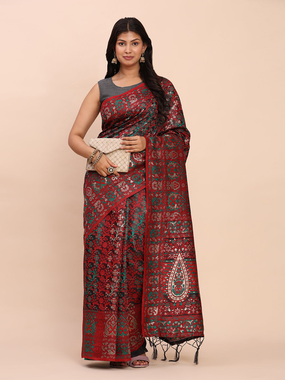 Astita Elegant Red Jacquard Linen Cotton Saree with Traditional Multicolor Weave & Tassel Pallu – Festive & Casual Wear for Women