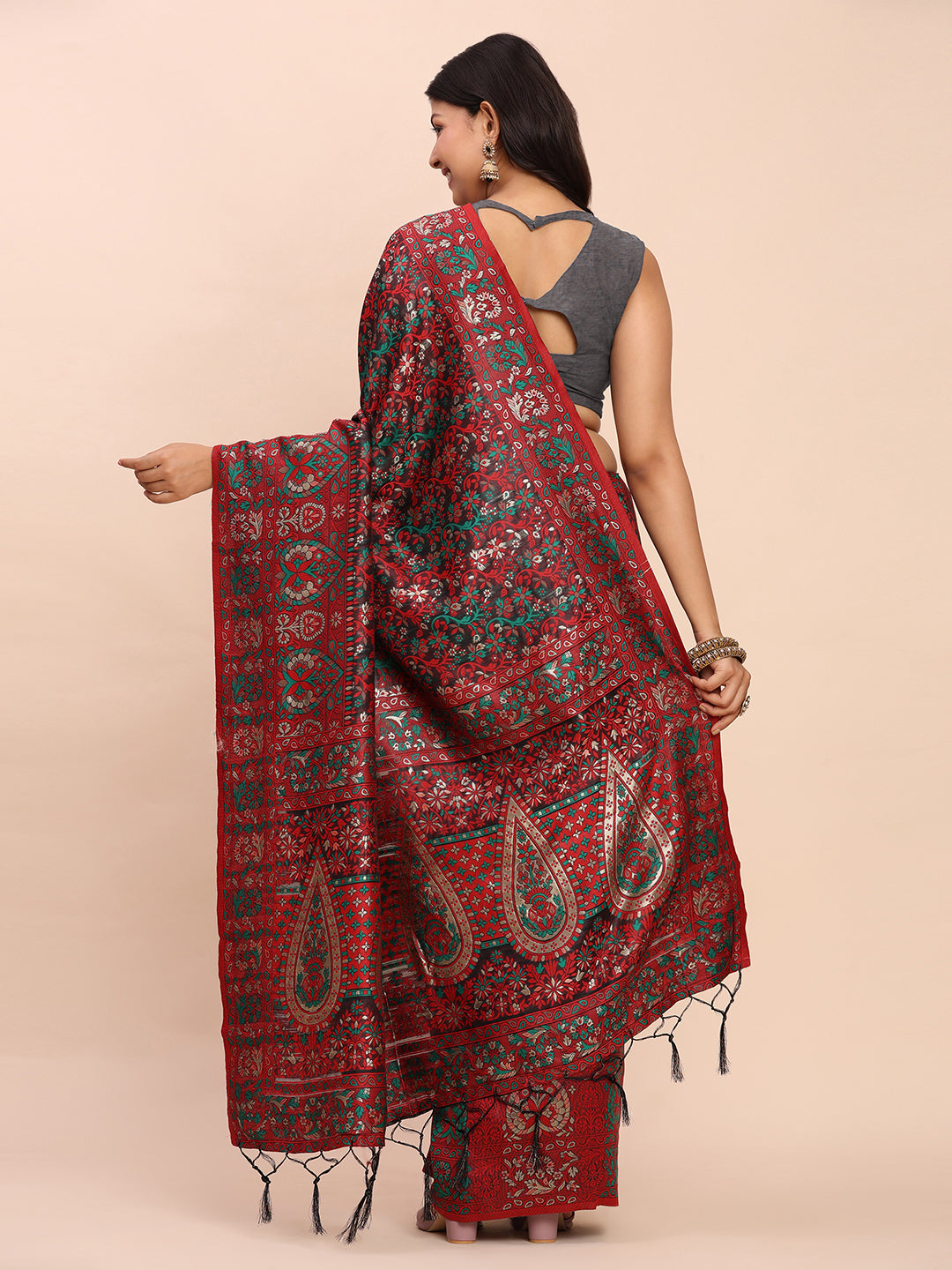 Astita Elegant Red Jacquard Linen Cotton Saree with Traditional Multicolor Weave & Tassel Pallu – Festive & Casual Wear for Women