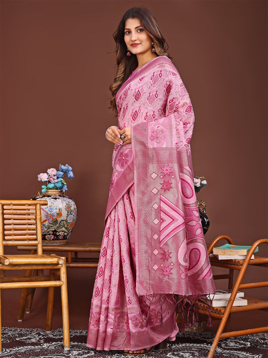 Astita Grace in Every Thread: Pink Patola Linen Cotton Saree Woven with Cultural Elegance