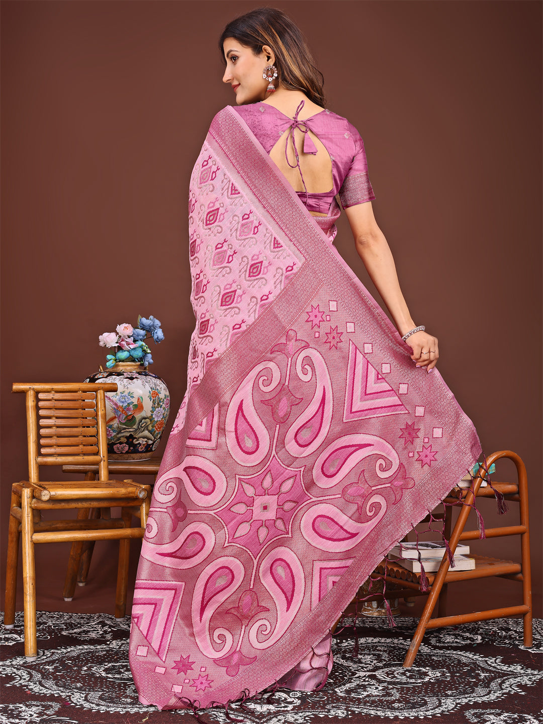 Astita Grace in Every Thread: Pink Patola Linen Cotton Saree Woven with Cultural Elegance