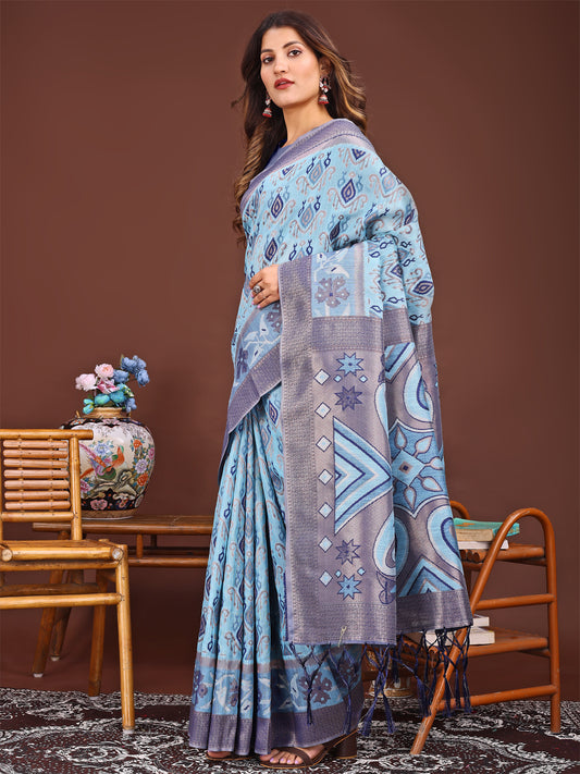 Astita Grace in Every Thread: Sky Blue Patola Linen Cotton Saree Woven with Cultural Elegance