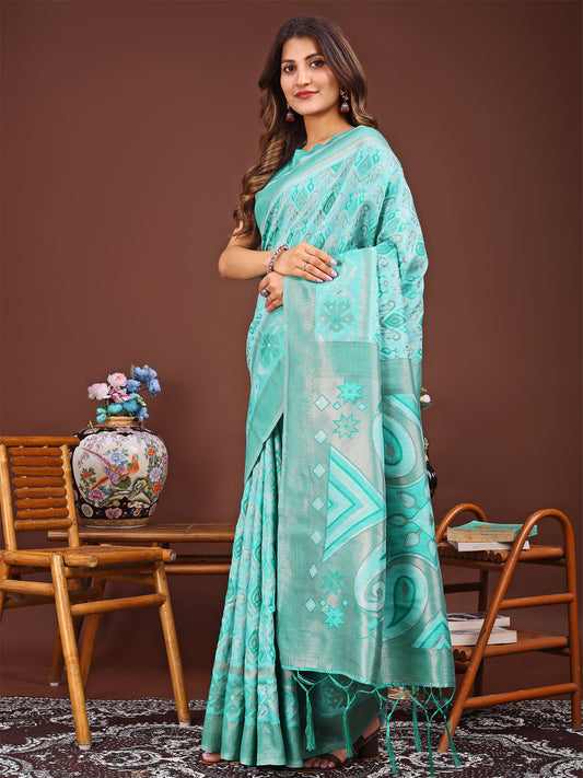Astita Grace in Every Thread: Sea green Patola Linen Cotton Saree Woven with Cultural Elegance