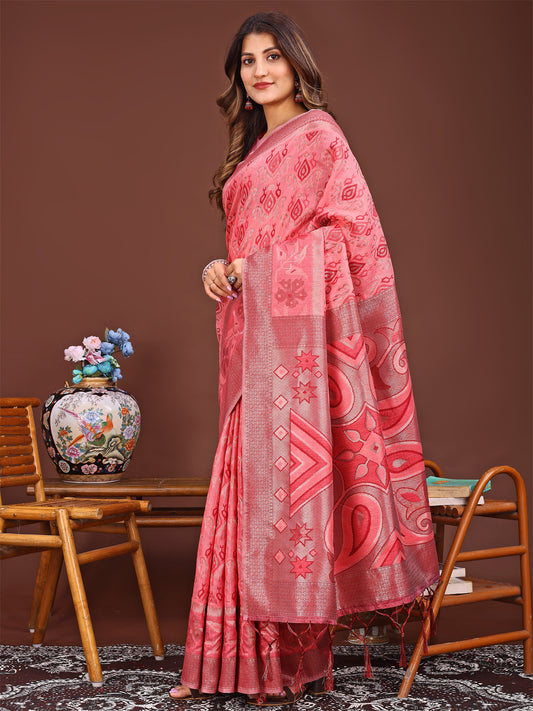 Astita Grace in Every Thread: Peach Patola Linen Cotton Saree Woven with Cultural Elegance