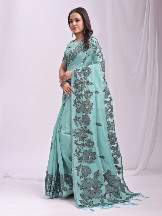 Astita Aqua Blue Linen Cotton Saree with Elegant Black Floral Print – Lightweight & Stylish Saree for Festive and Office Wear