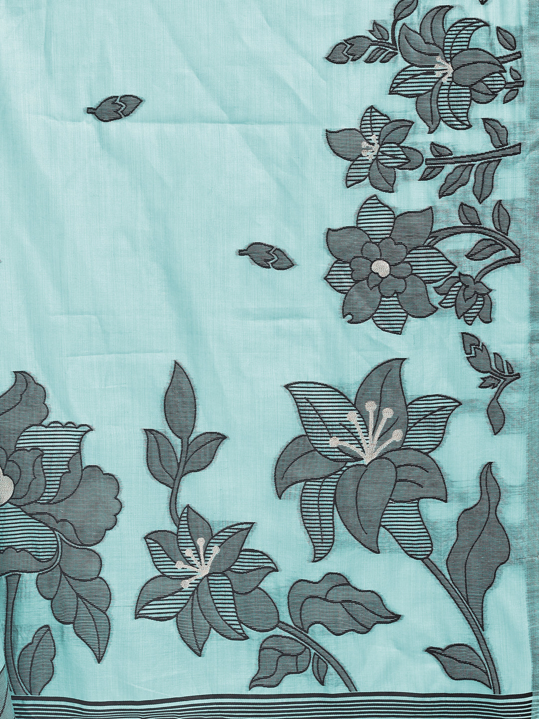 Astita Aqua Blue Linen Cotton Saree with Elegant Black Floral Print β Lightweight & Stylish Saree for Festive and Office Wear