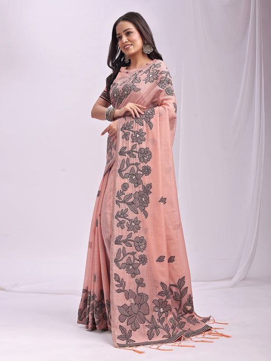 Astita Peach Linen Cotton Saree with Elegant Black Floral Print – Lightweight & Stylish Saree for Festive and Office Wear