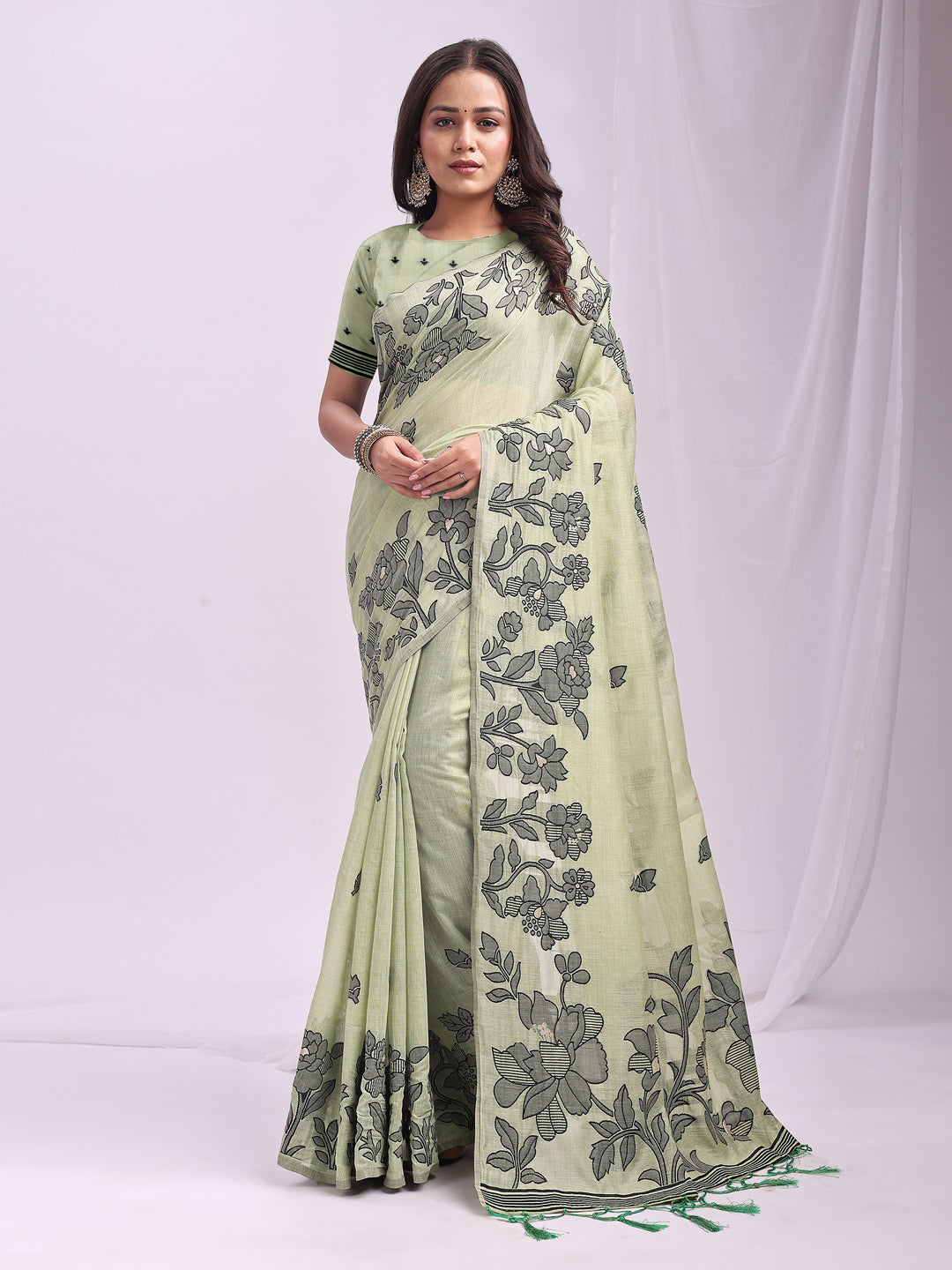 Astita Light Green Linen Cotton Saree with Elegant Black Floral Print – Lightweight & Stylish Saree for Festive and Office Wear
