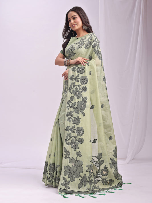 Astita Light Green Linen Cotton Saree with Elegant Black Floral Print – Lightweight & Stylish Saree for Festive and Office Wear