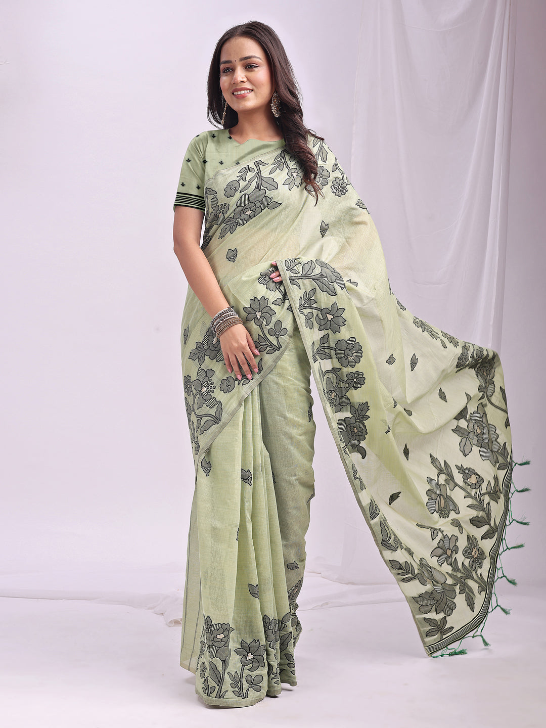 Astita Light Green Linen Cotton Saree with Elegant Black Floral Print – Lightweight & Stylish Saree for Festive and Office Wear