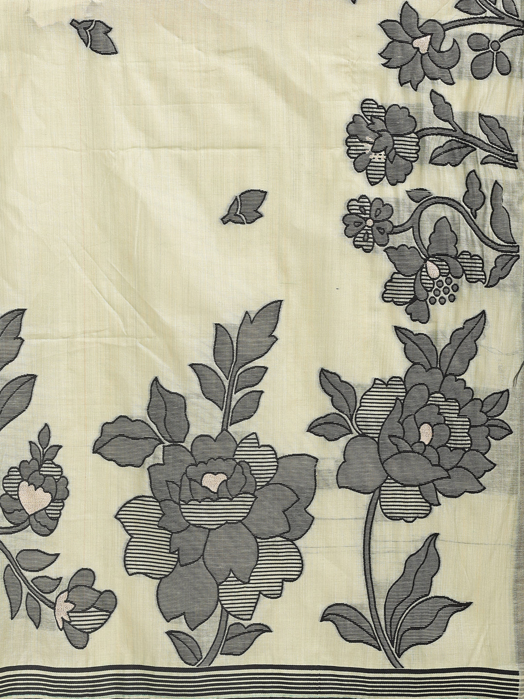 Astita Light Green Linen Cotton Saree with Elegant Black Floral Print – Lightweight & Stylish Saree for Festive and Office Wear