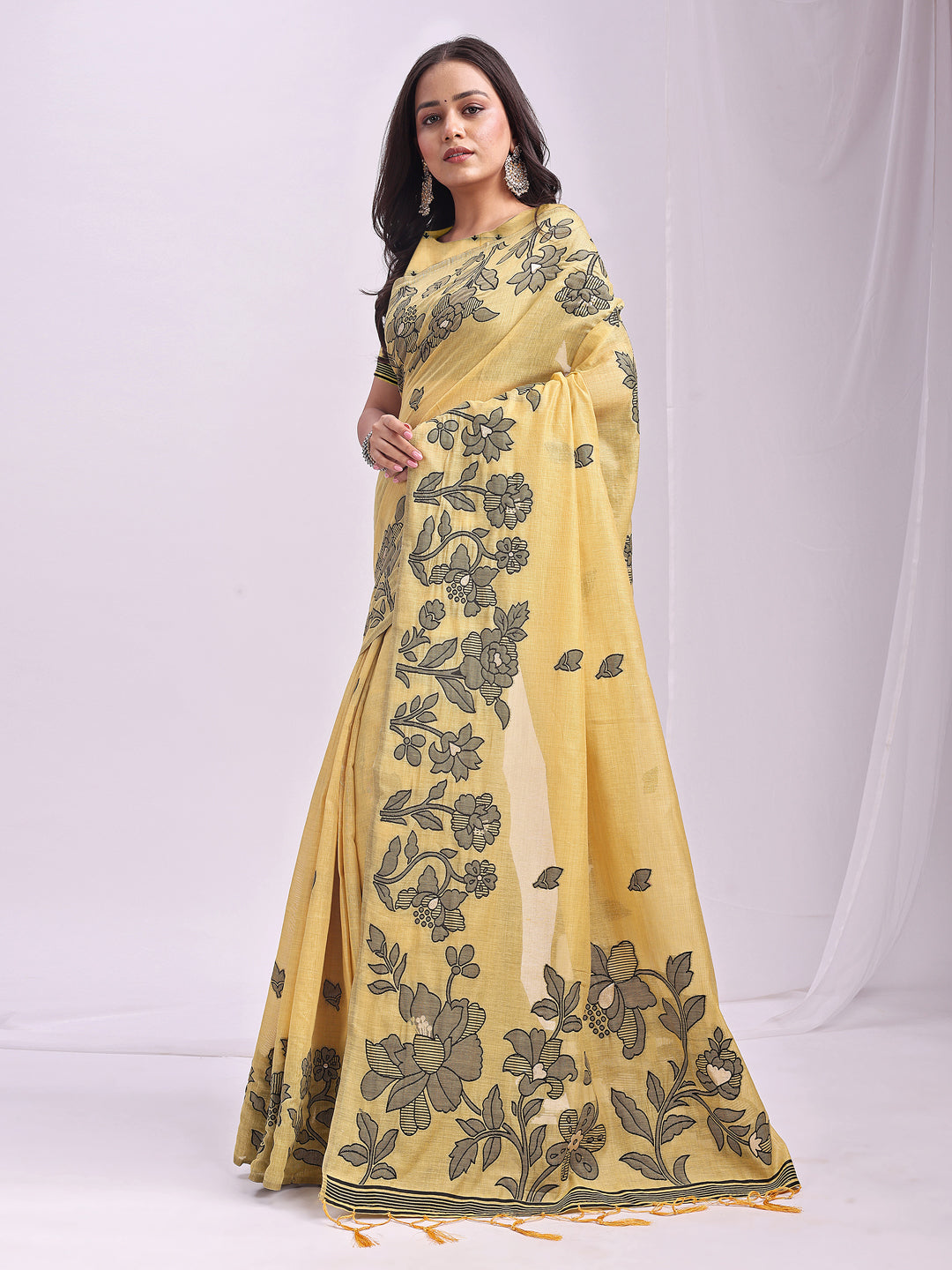 Astita Yellow Linen Cotton Saree with Elegant Black Floral Print β Lightweight & Stylish Saree for Festive and Office Wear