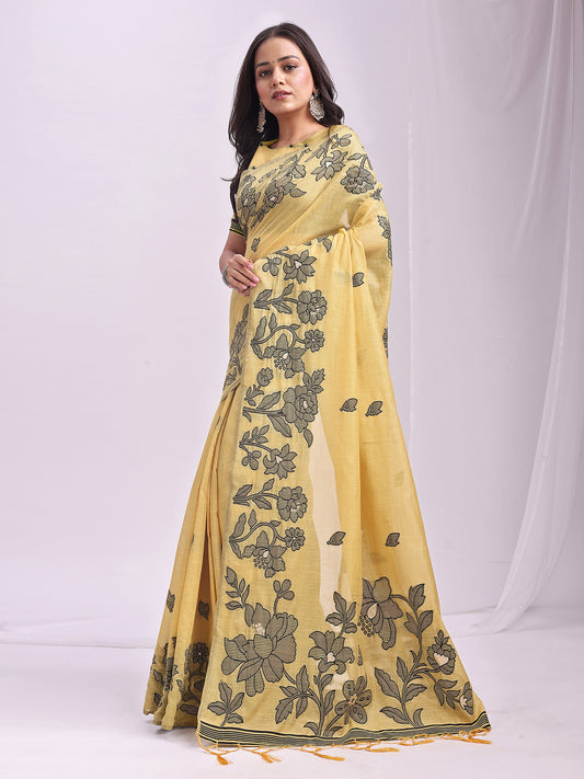 Astita Yellow Linen Cotton Saree with Elegant Black Floral Print – Lightweight & Stylish Saree for Festive and Office Wear