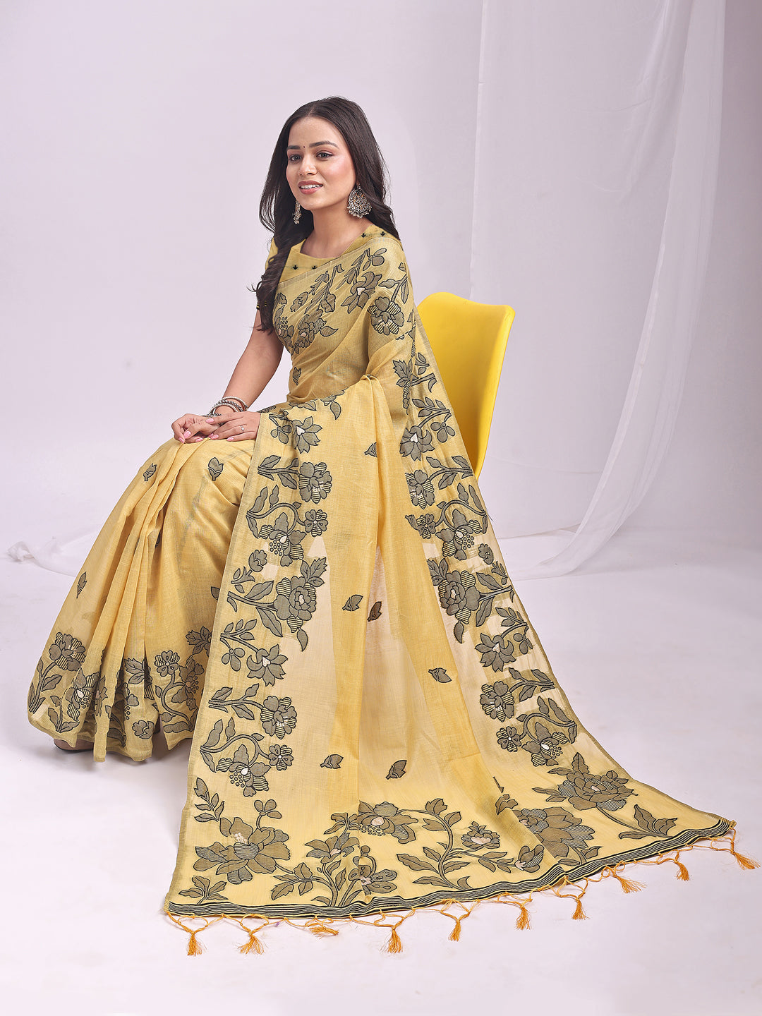 Astita Yellow Linen Cotton Saree with Elegant Black Floral Print β Lightweight & Stylish Saree for Festive and Office Wear