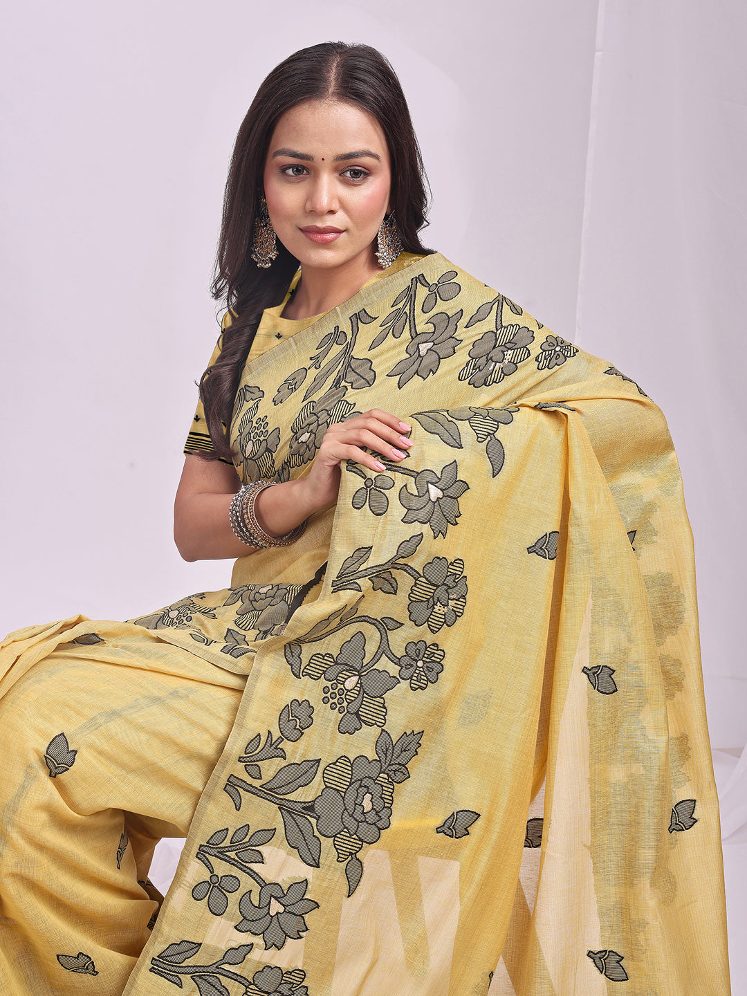 Astita Yellow Linen Cotton Saree with Elegant Black Floral Print β Lightweight & Stylish Saree for Festive and Office Wear