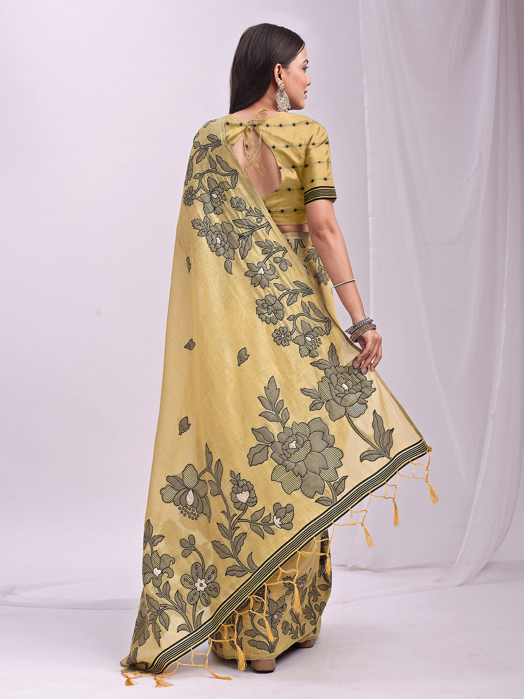 Astita Yellow Linen Cotton Saree with Elegant Black Floral Print β Lightweight & Stylish Saree for Festive and Office Wear