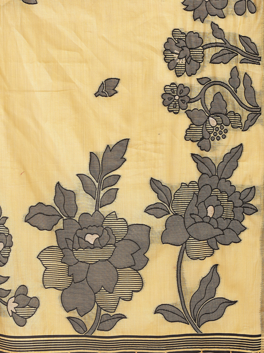 Astita Yellow Linen Cotton Saree with Elegant Black Floral Print β Lightweight & Stylish Saree for Festive and Office Wear