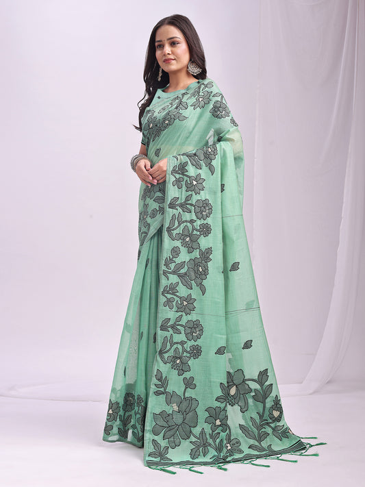 Astita Rama Green Linen Cotton Saree with Elegant Black Floral Print – Lightweight & Stylish Saree for Festive and Office Wear