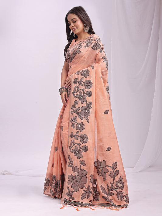 Astita Orange Linen Cotton Saree with Elegant Black Floral Print – Lightweight & Stylish Saree for Festive and Office Wear
