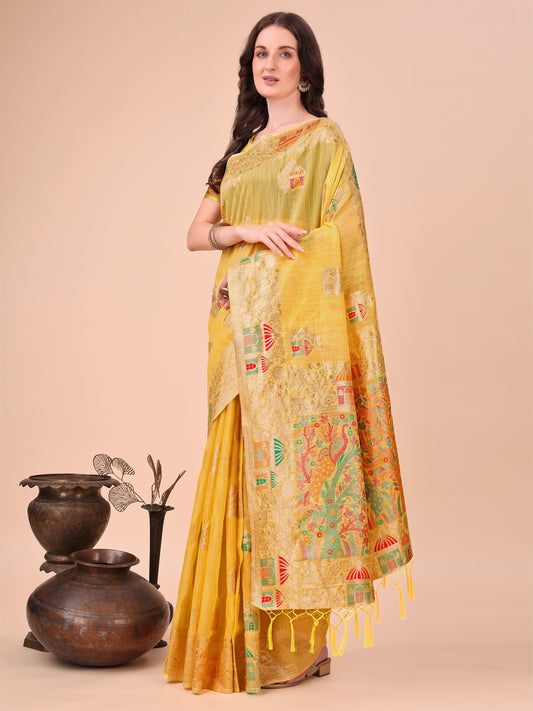 Yellow Linen Saree with Multicolor Weaving & Zari Pallu