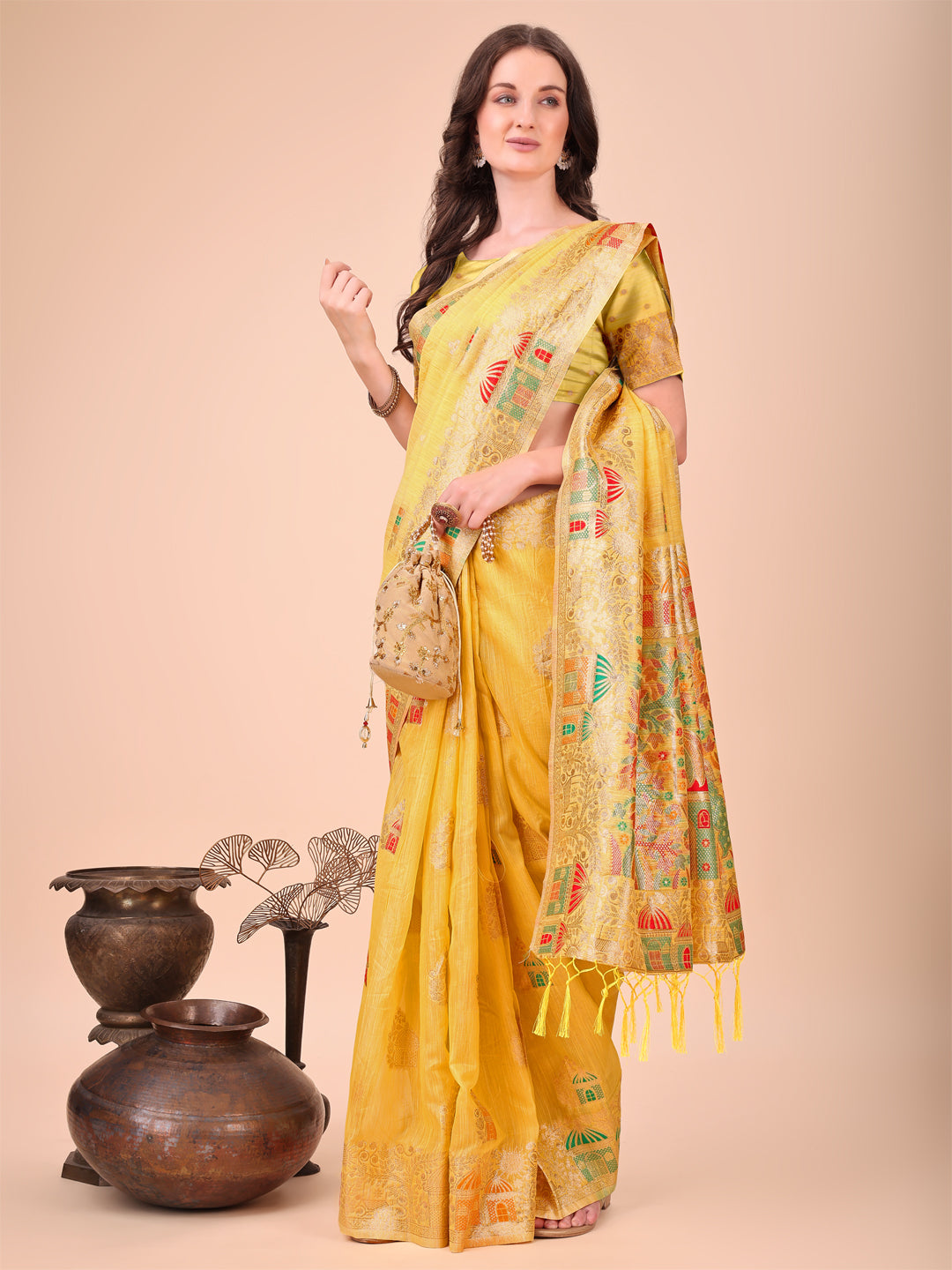 Yellow Linen Saree with Multicolor Weaving & Zari Pallu