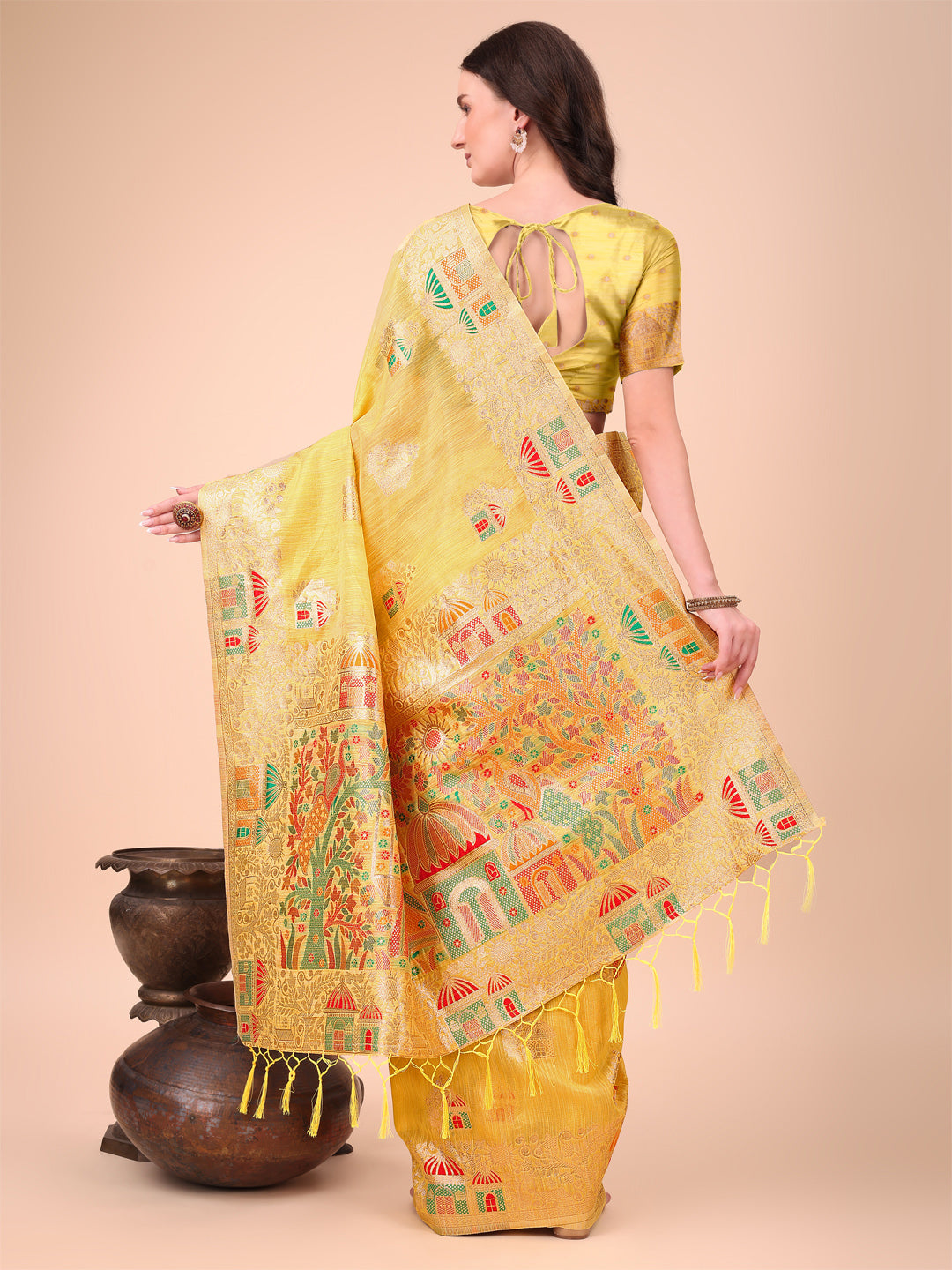 Yellow Linen Saree with Multicolor Weaving & Zari Pallu
