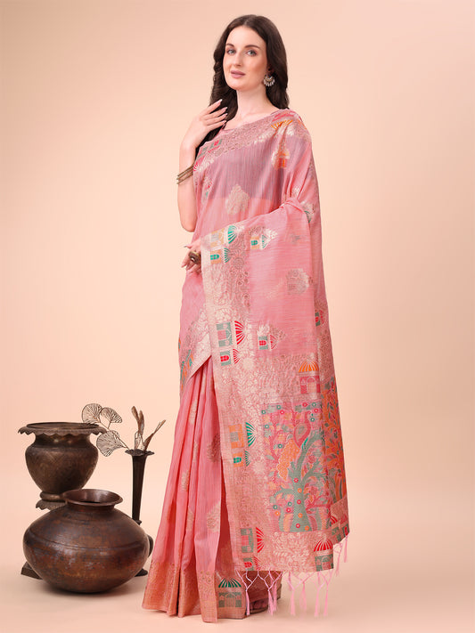 Pink Linen Saree with Multicolor Weaving & Zari Pallu