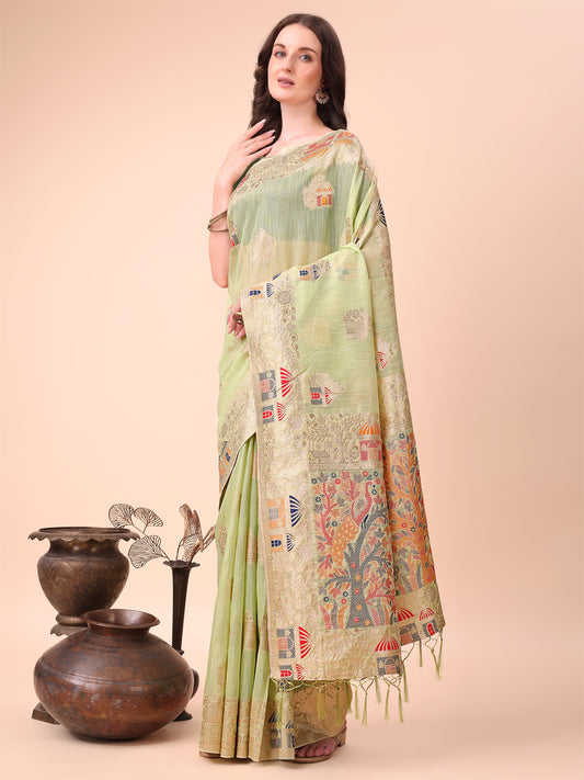 Light Green Linen Saree with Multicolor Weaving & Zari Pallu