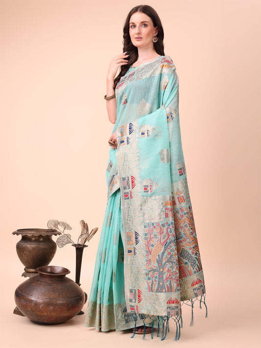 Sky Blue Linen Saree with Multicolor Weaving & Zari Pallu