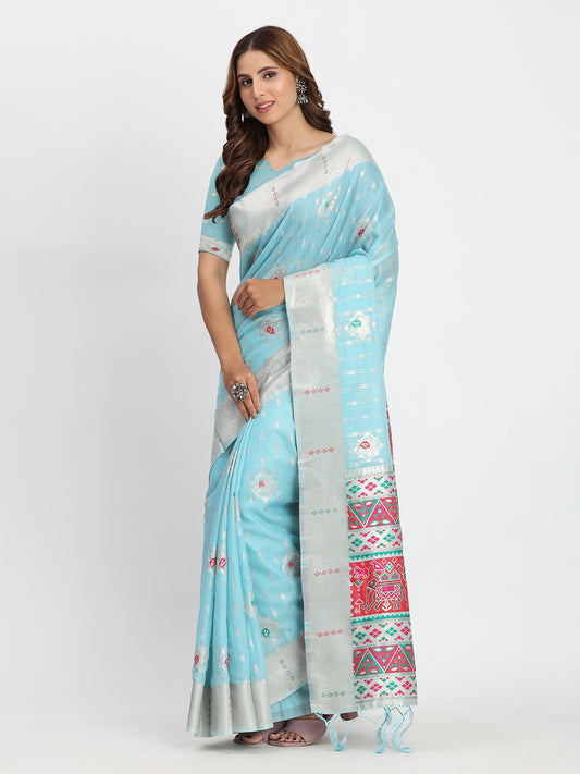 Astita Sky Blue Linen Saree with Multicolor Weaving & Zari Pallu - Elegant & Lightweight for Everyday Grace