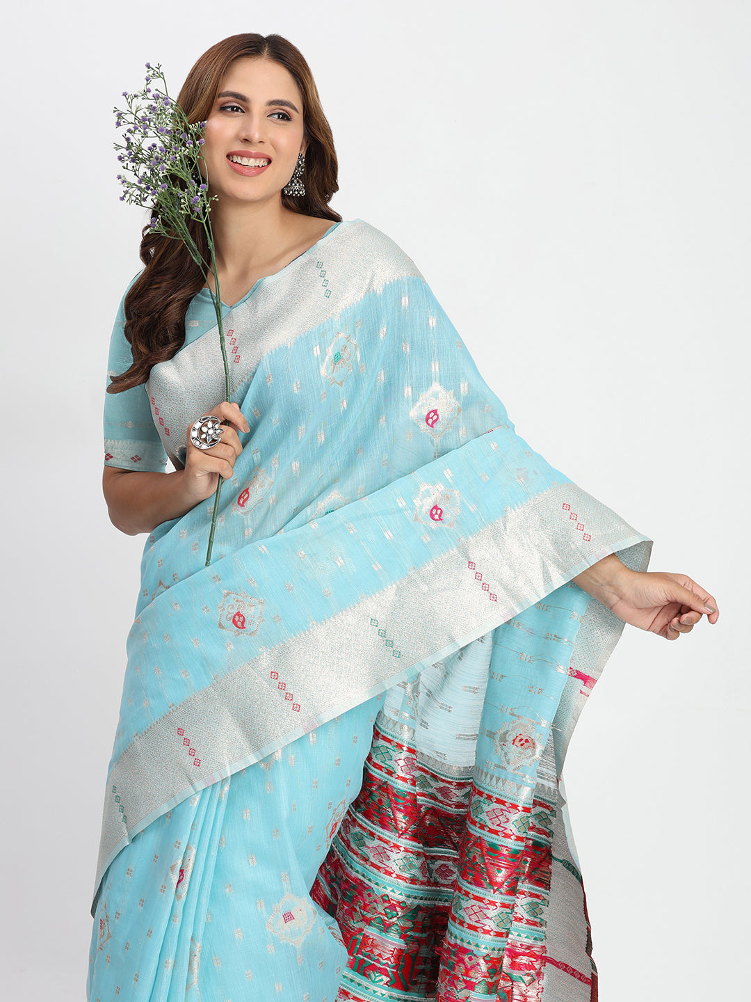 Astita Sky Blue Linen Saree with Multicolor Weaving & Zari Pallu - Elegant & Lightweight for Everyday Grace