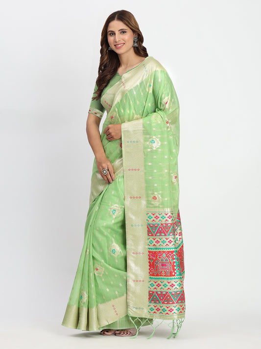 Astita Light Green Linen Saree with Multicolor Weaving & Zari Pallu - Elegant & Lightweight for Everyday Grace