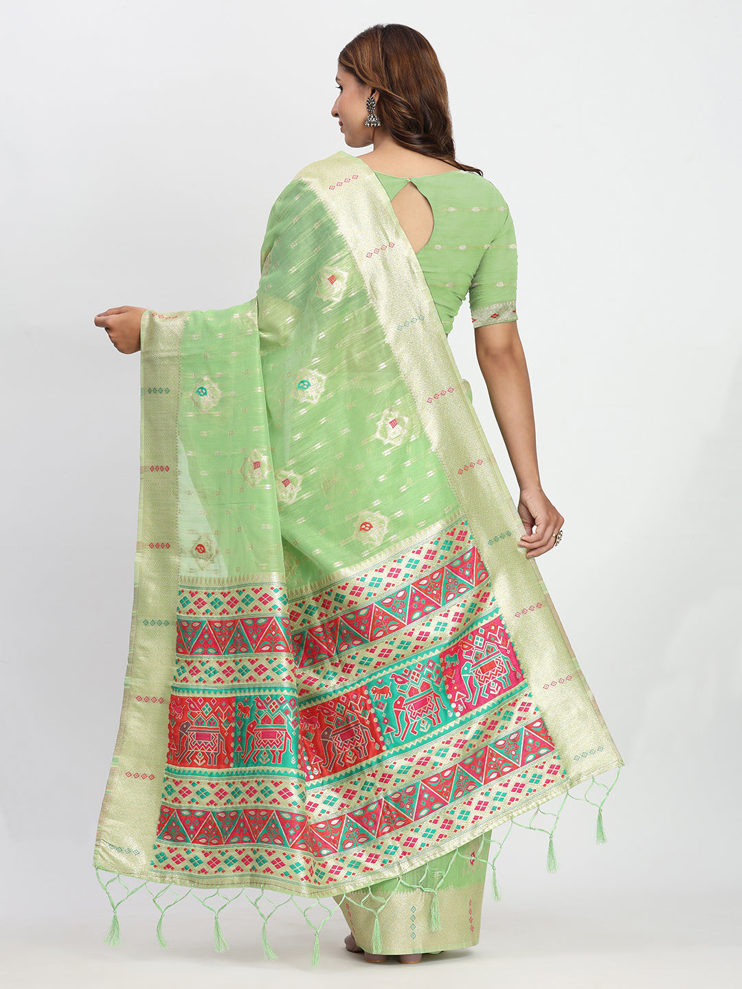 Astita Light Green Linen Saree with Multicolor Weaving & Zari Pallu - Elegant & Lightweight for Everyday Grace