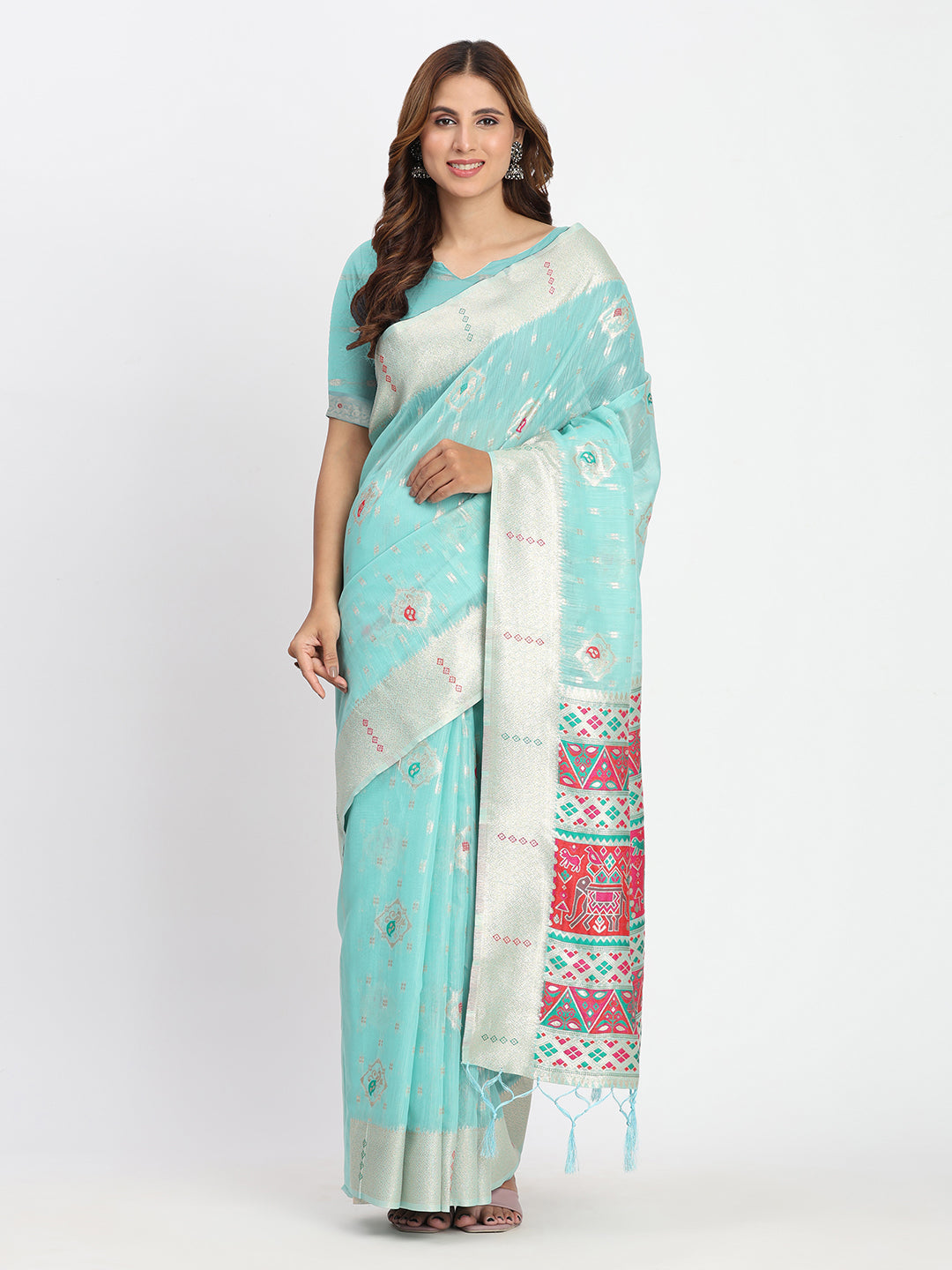Astita Sea Green Linen Saree with Multicolor Weaving & Zari Pallu - Elegant & Lightweight for Everyday Grace