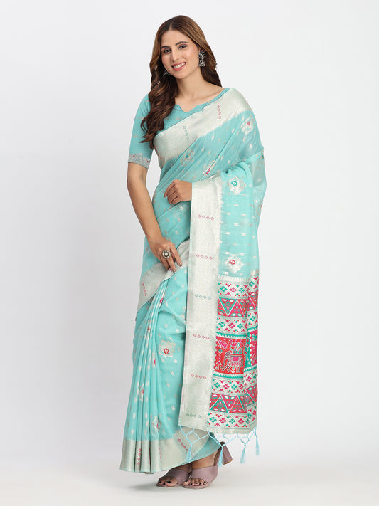 Astita Sea Green Linen Saree with Multicolor Weaving & Zari Pallu - Elegant & Lightweight for Everyday Grace